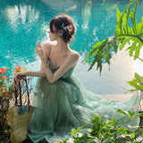 Vacation Photo High-Level Feeling Waist Beach Bare Back Big Skirt Sling A Word Long Dress