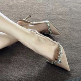 Bun Head Behind The Word With Fine Heel Water Drill High Heel Shoes Single Shoes Women Solid Color Paint Skin Light Mouth High Heels Women's Shoes High Quality Shoes