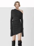 Simple Style Knitted Dress 2025 Spring New Word Collar Curved Knit Dress Woman
