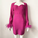 Women's Clothing 2025 Spring New Bandage Dress Elegant Square Collar Feathers Long-Sleeved Dress Dress