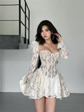 Spring And Summer Vietnam Design Sense Niche Fairy-Collar Sexy Wrapped Brat Horn Sleeves To Close The Waist Folded Lace Dress