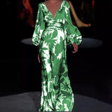 Spring And Summer New Women's Fashion Print Dress Sexy V-Neck Loose Waist DJPT