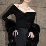 Zhao Sanguan 2024 New One-Word Shoulder Elastic Wrinkled Top Elegant Long-Sleeved T-Shirt