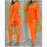 Explosion Color New Plain Horn Sleeve V Collar Top And Trousers Fashion Lady Set DJPT