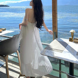 Beach Dress Seaside Tourism Vacation Chiffon Long Dress Folded Loose Sleeveless Slings Dress Dress Woman
