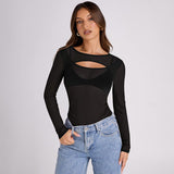 Women's Summer 2024 New Solid Color Long Sleeve Bottom Net Slamm Slamm An Empty Top DJPT