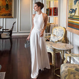 Women's Solid Color Sleeveless Hanging Neck Densified A-Shaped Long Dress DJPT