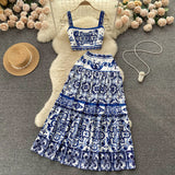 And White Porcelain Printing Set Of Women In Summer Pure Desire To Bare Belt Slings Small Vest + High Waist Mid-Dress Skirt DJPT