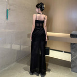Black Sling Dress Woman Summer Niche High-Sensance Hottie Open Fork Long Skirt