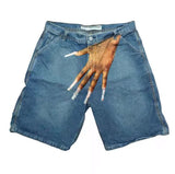 Hip-Hop Trend Pattern Print Denim Shorts Men's High Street Trendy Couple Casual Five-Point Pants DJPT
