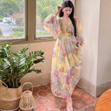 Court Lantern Sleeve Yellow Print Dress Photo Long Dress Bohemian Beach Dress Women's Summer