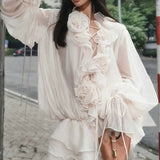 Goddess Fan French Lotus Leaf Side Dress Korean Sweet And Spicy Atmosphere Flower Lantern Sleeve Fairy Dress