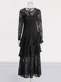 Retro Style Small Lotus Leaf Side Dress 2025 High-End New Round-Neck Long-Sleeved Lace Hollow Dress