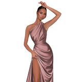 Single-Shoulder-Singed-Faced Sexy Open Fork Dress Dress New Temperament Dress Woman DJPT