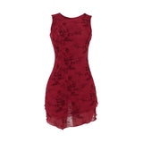 Rose-Print Mesh Vest Dress Women's New Sexy Dew-Back Dress DJPT