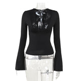 Sexy Lace Side Deep V-Neck Long-Sleeved Top-Bottomed Women's Autumn 2025 Blouse DJPT