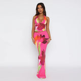 Hanging Neck Print Umbilled Blouse 2025 Summer New Tight-Up Bag Hip Skirt Suit Woman DJPT