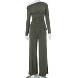 Women Solid Color Collar Shrink Fold Irregular Top Hanging Trousers Set DJPT