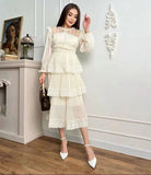 2025 Round Collar Folded Lace Yarn Cake Dress Dress