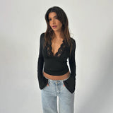 Sexy Lace Side Deep V-Neck Long-Sleeved Top-Bottomed Women's Autumn 2025 Blouse DJPT
