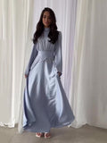 Summer New Fashion Temperament Breathable Waist-Watery Pure-Color Long-Sleeved Dress