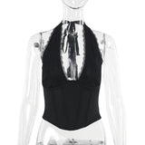 Sexy Deep V-Neck Black Girded Waist-Hanging Waist Waist-Hanging Waist-Mounted Woman In New Hot Girl Top DJPT