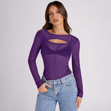 Women's Summer 2024 New Solid Color Long Sleeve Bottom Net Slamm Slamm An Empty Top DJPT
