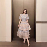 Summer Collar Splicing Flower Mesh Embroidery Cake Dress Dress