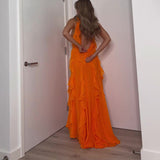 Women's New Sleeveless Irregular Lotus Leaves Side Solid Color Open Dress HZ0628