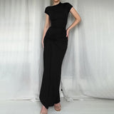 Knitted Round Collar Sexy Open Fork Dress Woman 2025 Summer New Stylish Black Dress DJPT