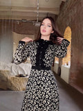 Autumn Temperament Elegant Wind To Close The Waist Print Fashionable Thin Dress Dress