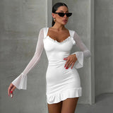 Women's Mesh Splicing Horn Long Sleeves To Close The Waist Sexy Ass Skirt DJPT