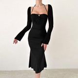 Autumn 2025 New Bag Ass Skirt Temperament Hanging Neck Long Sleeves Fine Dress Dress Woman DJPT