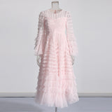 Retro Style Personality 2025 Summer New Round Collar Long Horn Sleeve Wood Ear Mesh Mesh Stitching Dress