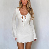 Women's New Knitted Tying Dress With Long Sleeves And Hip Mini Skirt HZ0628