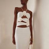 New Body-Repair Sexy Three-Dimensional Flowers Waist Dress Long Hollow Hanging Neck Sling Skirt