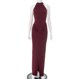 Women's Solid Color Sleeveless Hanging Neck Tight-Up Kitted Open Fork Dress DJPT