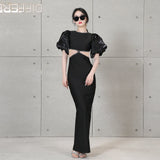 Round Collar Bubble Sleeve Nail Beads Hollow Bow Dress Sexy Bare Back Bandage Dress