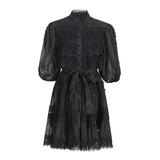 Luxury Wind Hollow Lace Splicing 2025 Summer New Lantern Sleeve Buckle Long Solid Female Dress