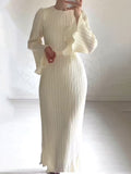 Women's Clothing Autumn 2024 New Long Dress Temperament Folding Horn Sleeve Mid-Long Dress