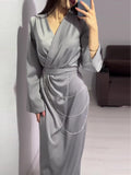 Women's 2024 Summer New Long Dress Temperament Loose Metal Decoration V Tie With Dress