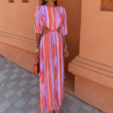 Women's Summer Collar Half-Sleeved Back Strap Sexy High-Waist Tie Dye Dress