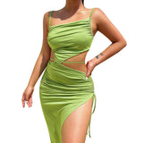 Folded Shoulder Irregular Hollow Dress Women's Summer Sexy Temperament Open Dress DJPT
