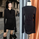 Zhao Sanguan 2024 New Black Folded Skirt Temperament Waist Horn Sleeve Dress