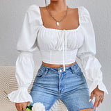 And Summer Women Pure White Long Sleeve Front Breast Strap With Bare Back Sexy Waist Shirt Crop Top DJPT