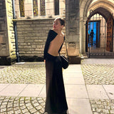 Sexy Bare Back Chain Long-Sleeved Temperament Dress Female New Hot Girl Open Fork Dress DJPT