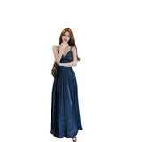 Desire To Show The Back V Tie Sling Dress Women Summer High-End French A-Shaped Dress Folded Waist Dress Long Dress