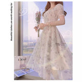 Tea Break French Ink Painting To Collect Thin Temperament Lady White Chiffon Dress Women's Clothing Mall The Same DJPT