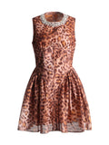 High-End Leopard Print Skirt 2025 Summer New Round Collar Diamond Waist Dress Dress Woman