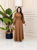 Muslim Solid-Colored Belt-Lending Dress Woman In Autumn 2024